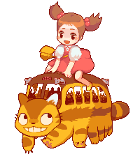 A girl riding the cat bus from My Neighbour Totoro