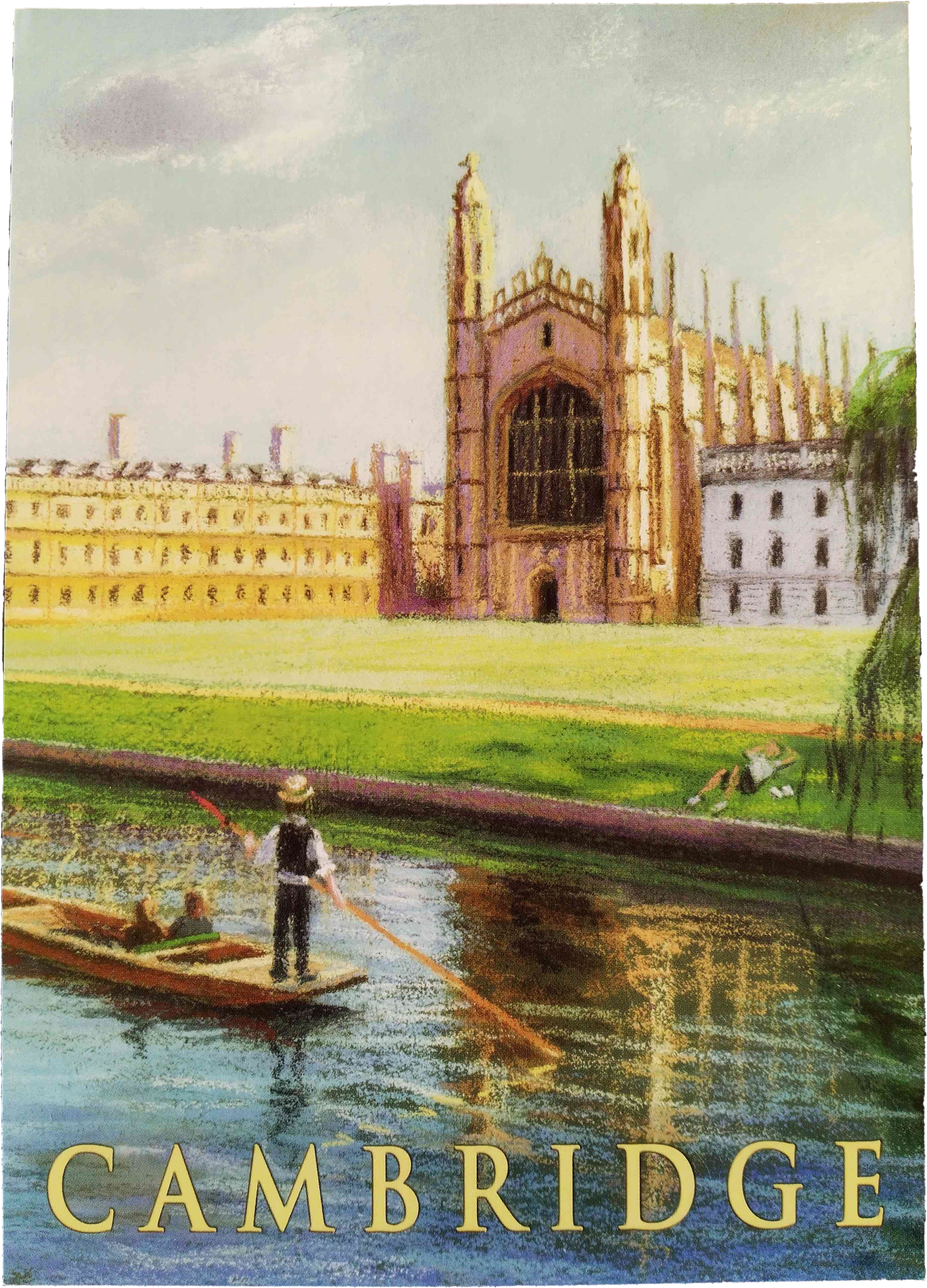 A painting of a punt travelling down a canal with a large old building behind and the word 'Cambridge' written above