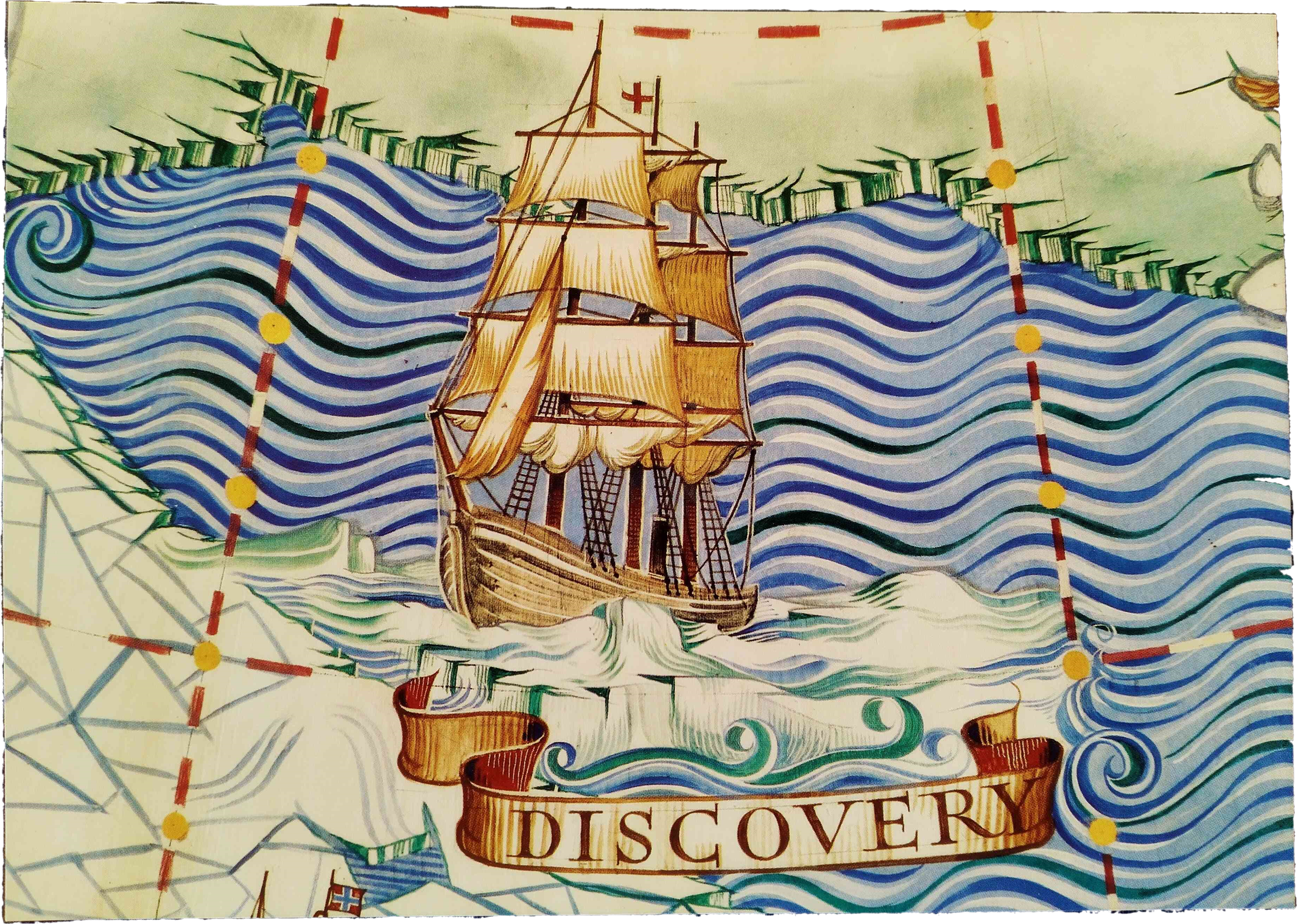 A painting in the style of an old map with a ship in the centre labeled as 'Discovery'