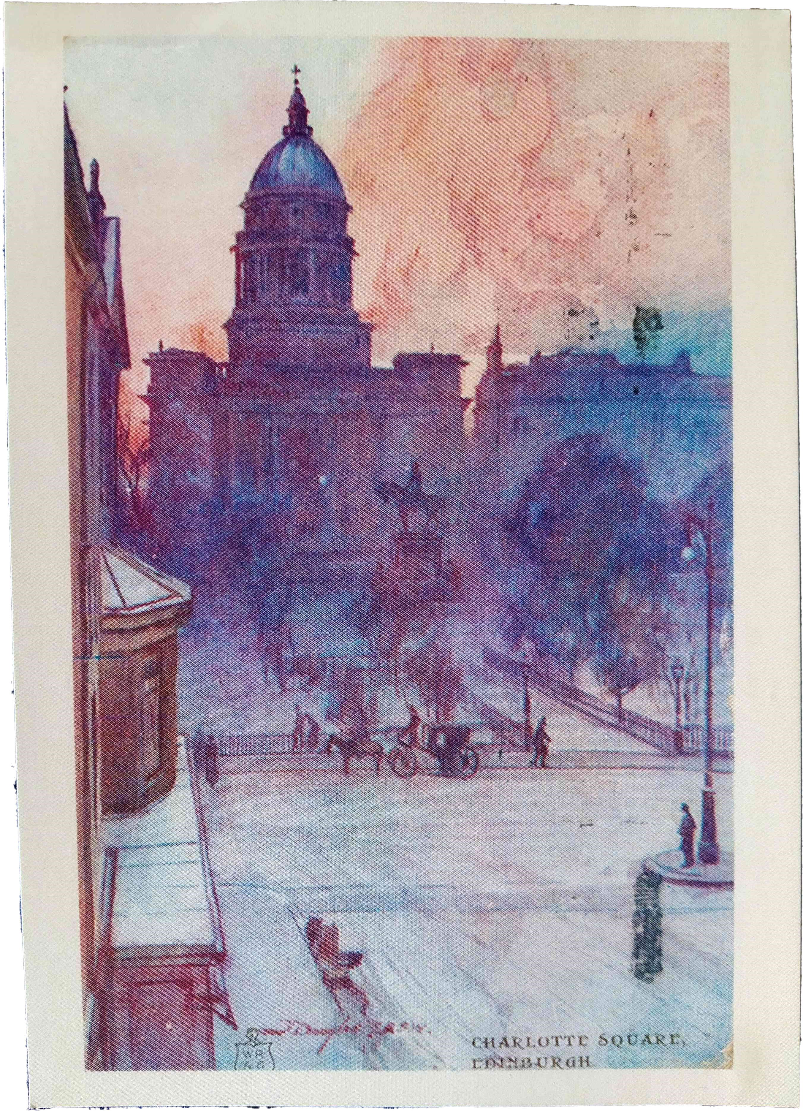 A painting of a nineteenth century city square in the evening with the caption 'Charlotte Square, Edinburgh'