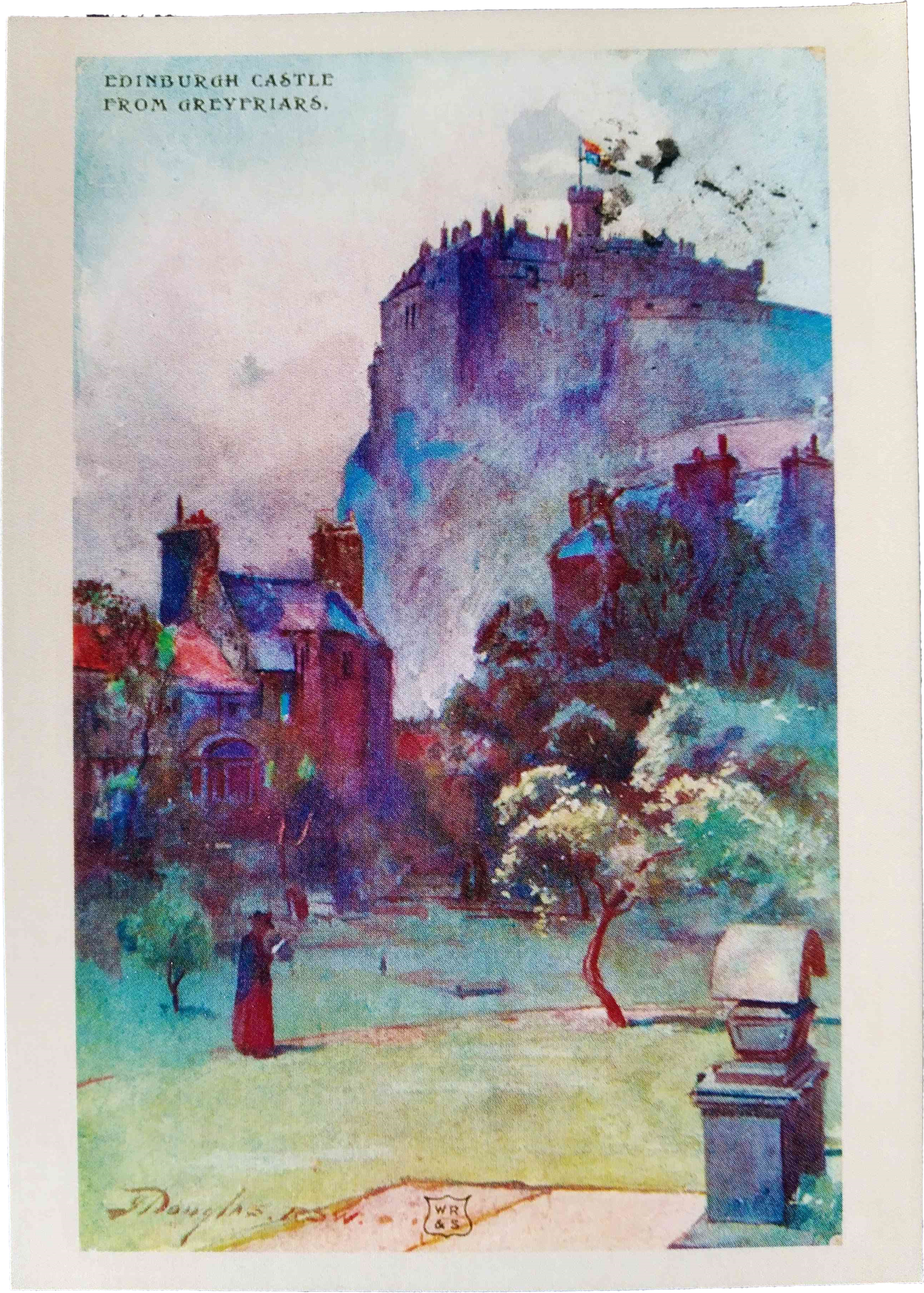 A painting of a church graveyard with a castle looming above it with the caption 'Edinburgh Castle from Greyfriars'