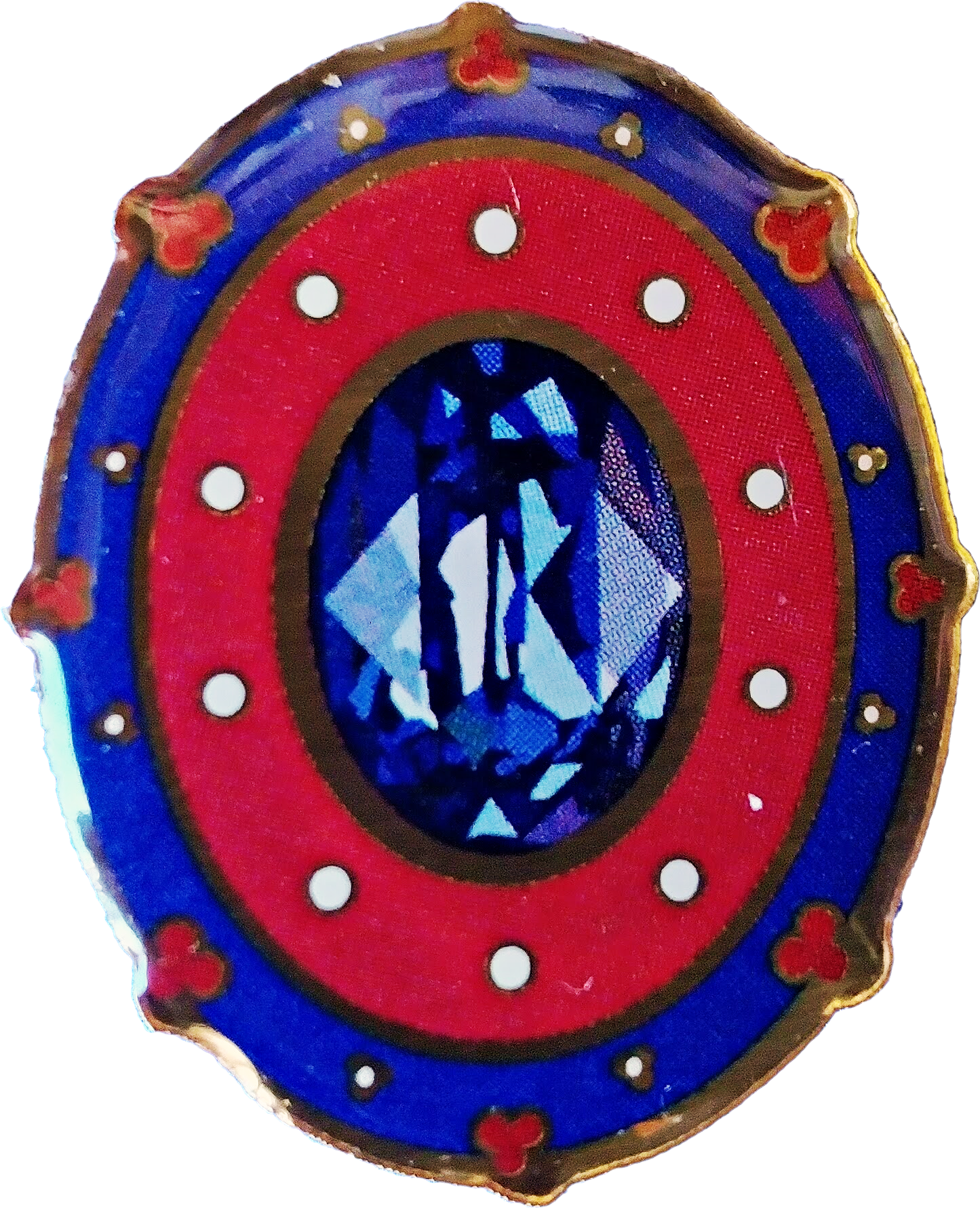 An oval pin with a blue and red artistic design