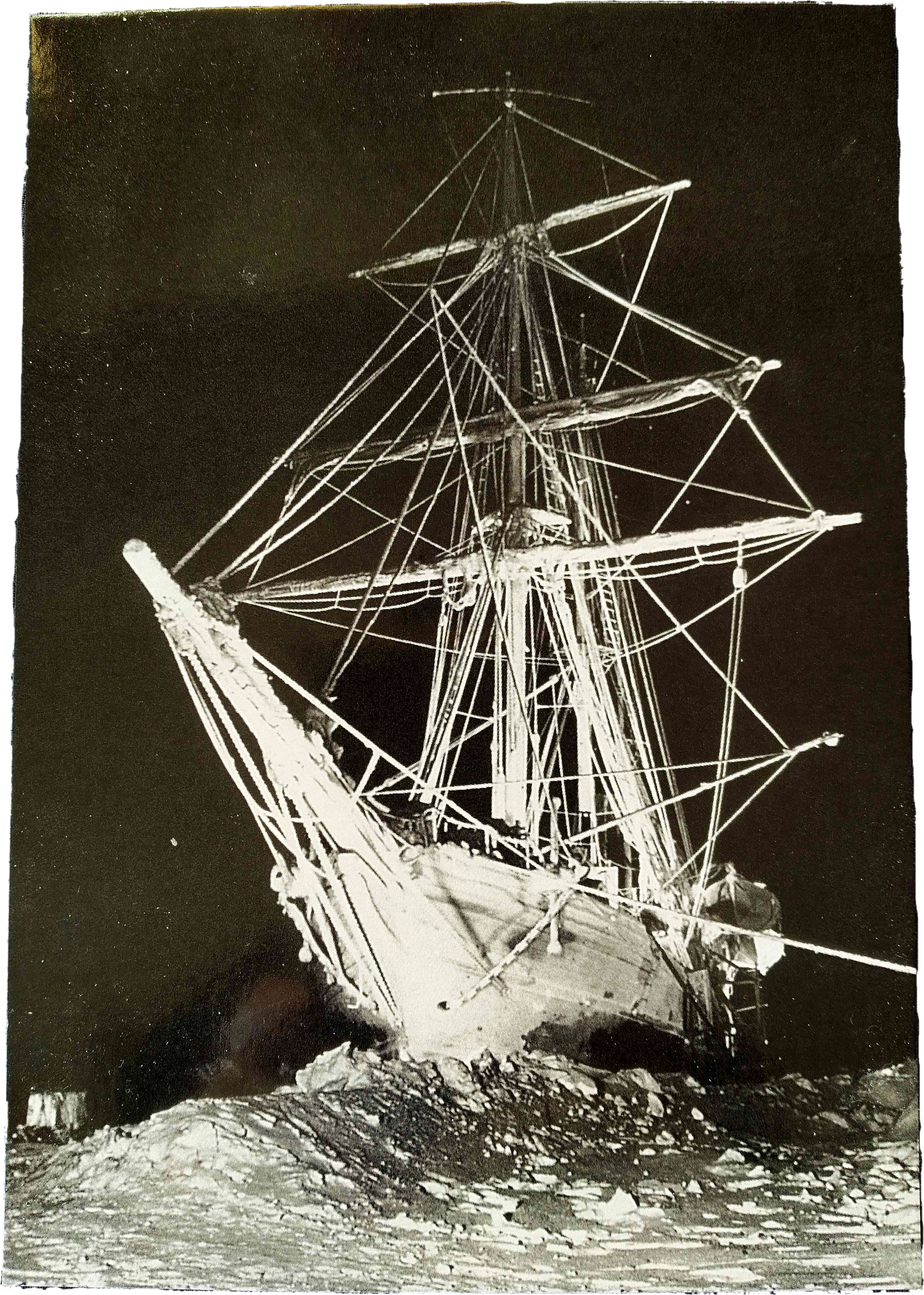 A black and white photograph of a ship trapped in ice