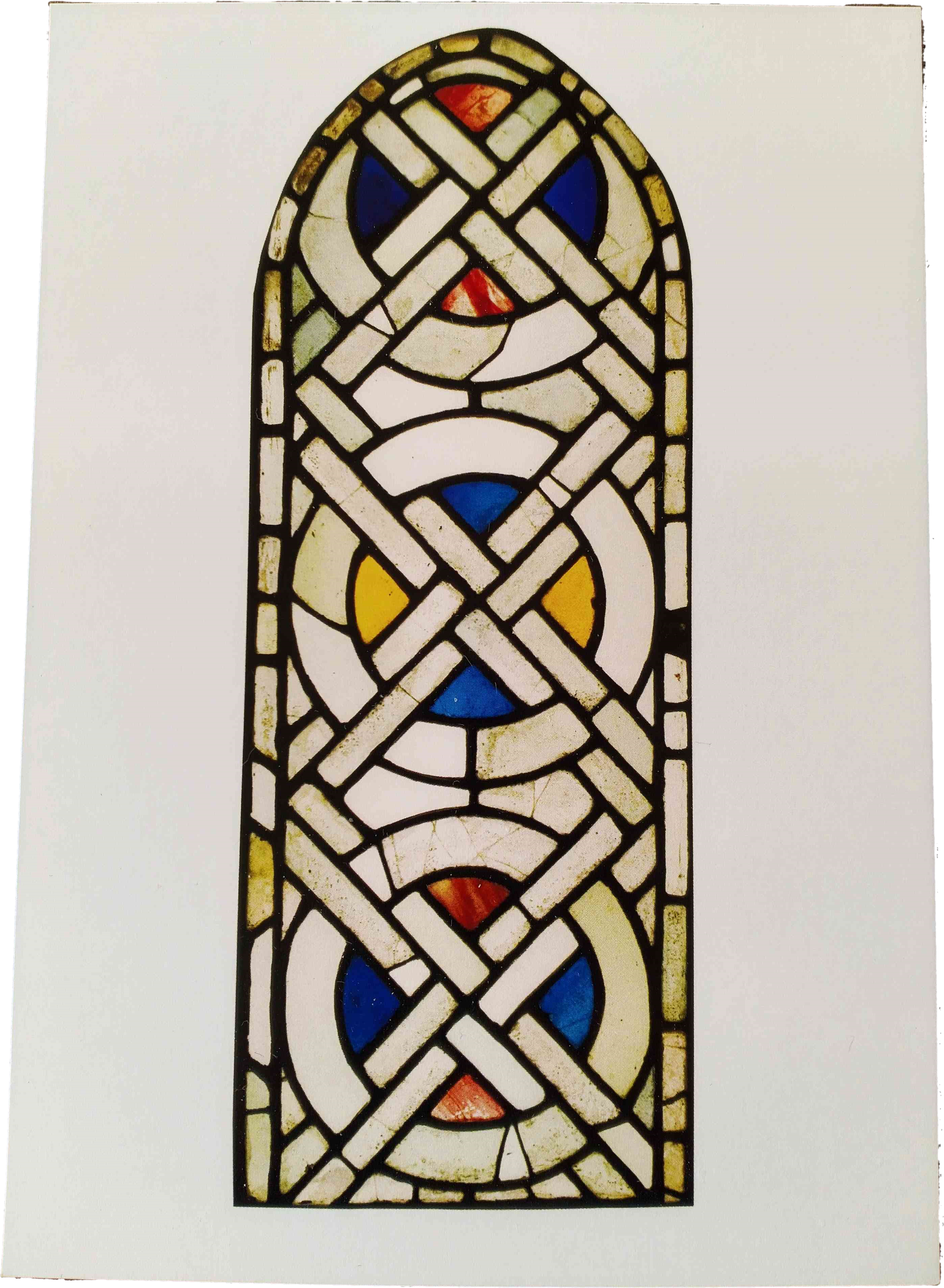 A photograph of a simple stained glass window