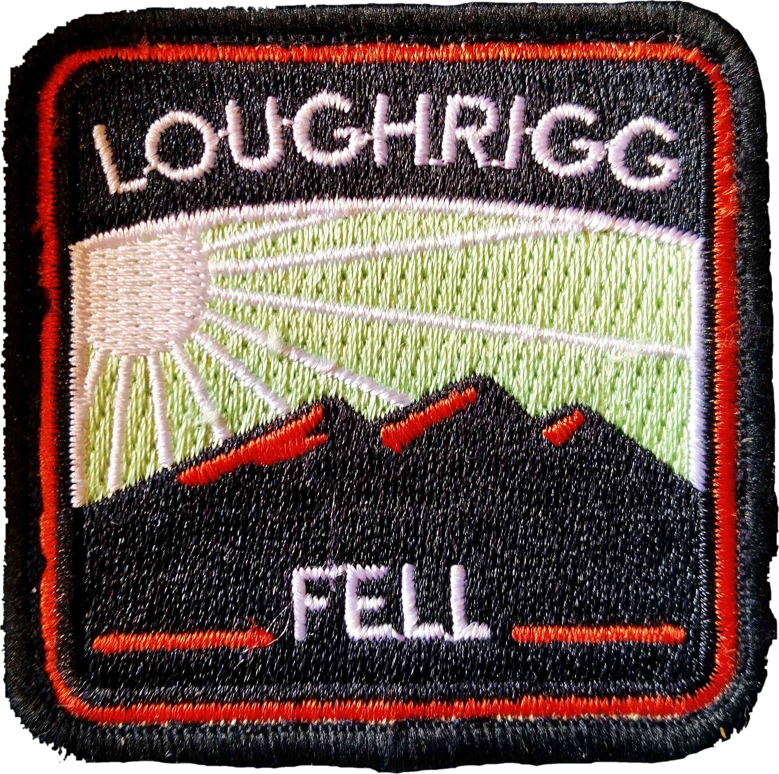 A black, red, green and white patch of a scene of a fell labelled as 'Loughrigg Fell'