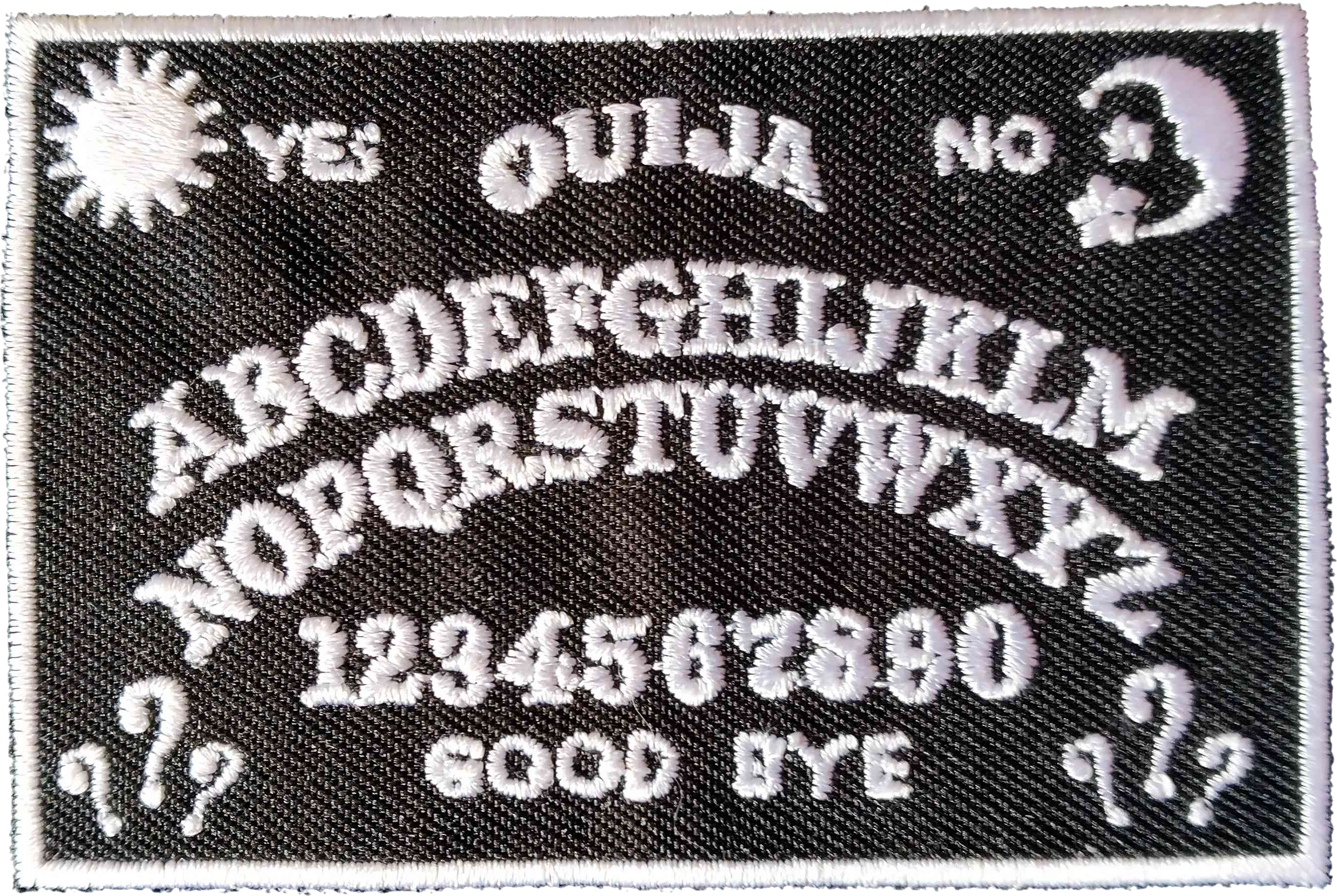 A black and white patch of an ouija board