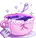 A teacup filled with purple liquid and a teabag with RIP written on it