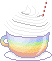 A rainbow coloured teacup filled with white swirls