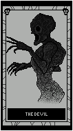 A greyscale tarot card for 'the devil' with a thin ghoolish looking humanoid on it